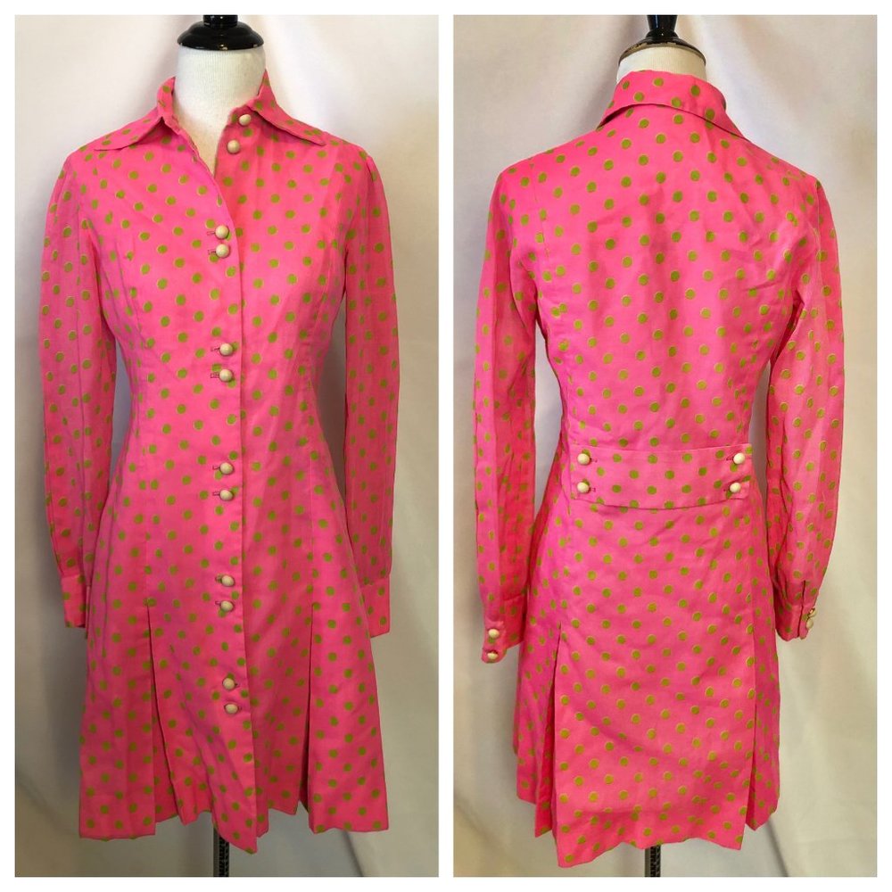 Vintage Lynn Stuart Polka Dot A Line Shirt Dress Pink Long Sleeve Size 8